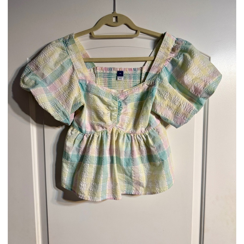 Old Navy Peplum Top XS Pastel Plaid Puff Sleeve Seersucker Boho Romantic
